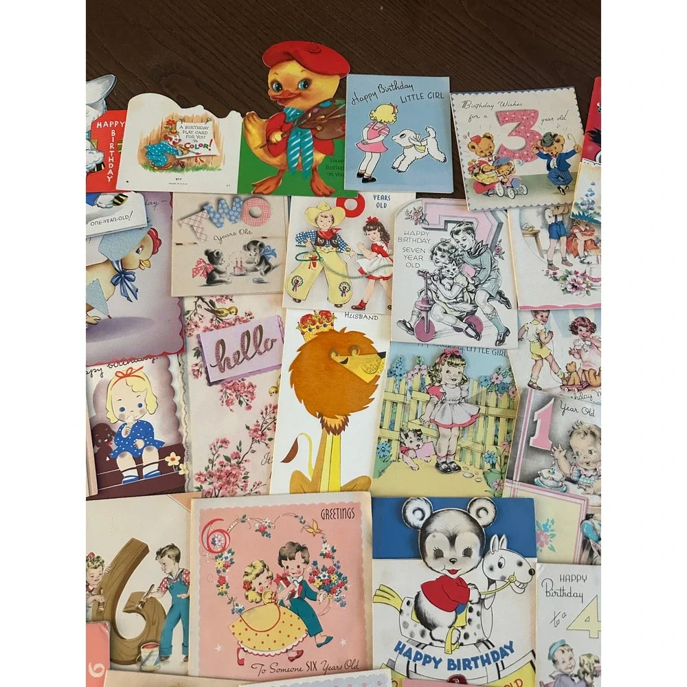 Vintage Birthday Cards Lot Mid Century Childrens Ephemera Animals Ages 1-7 60+pc